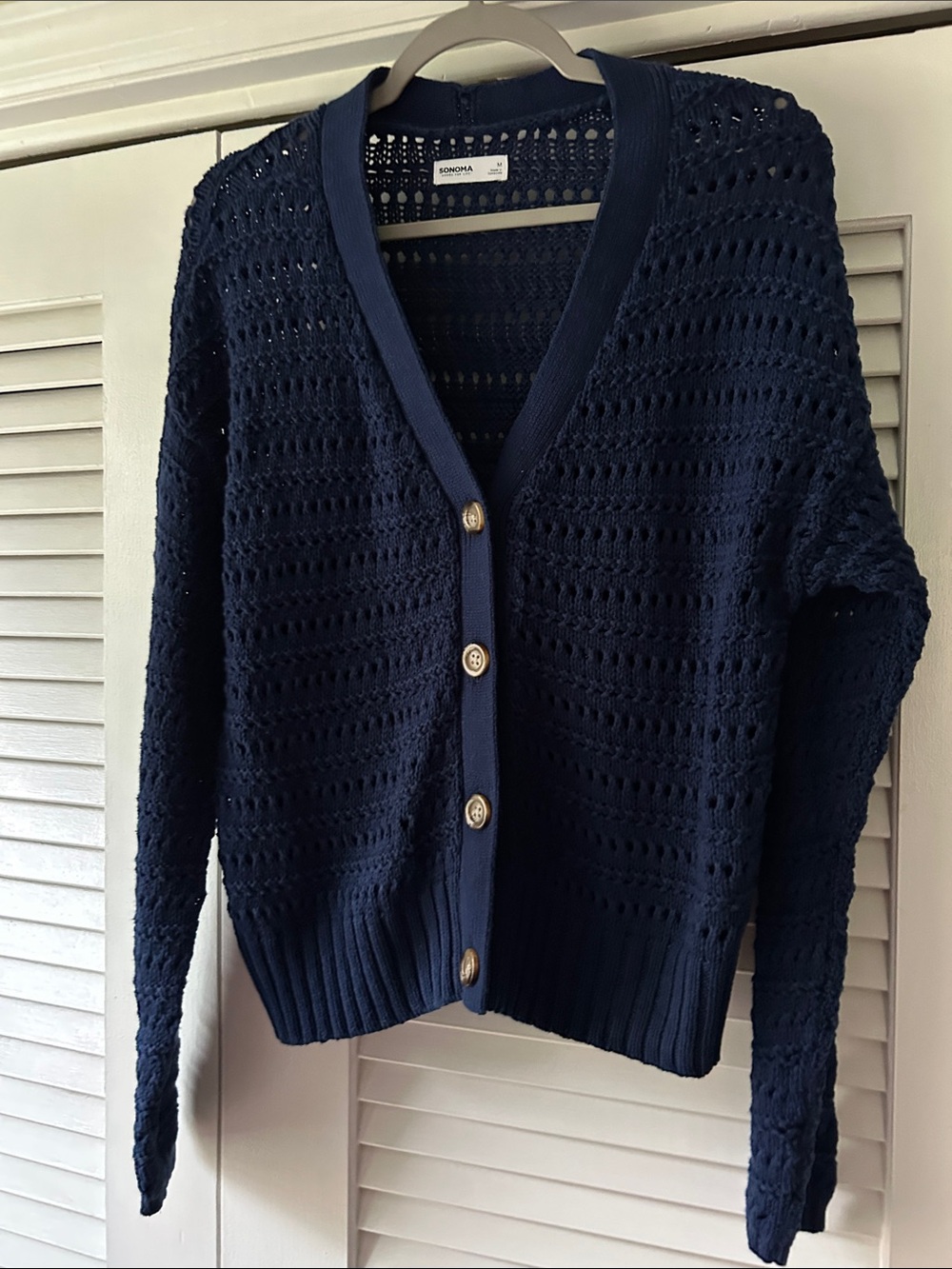 Sonoma Navy Openwork V‑Neck Button Cardigan